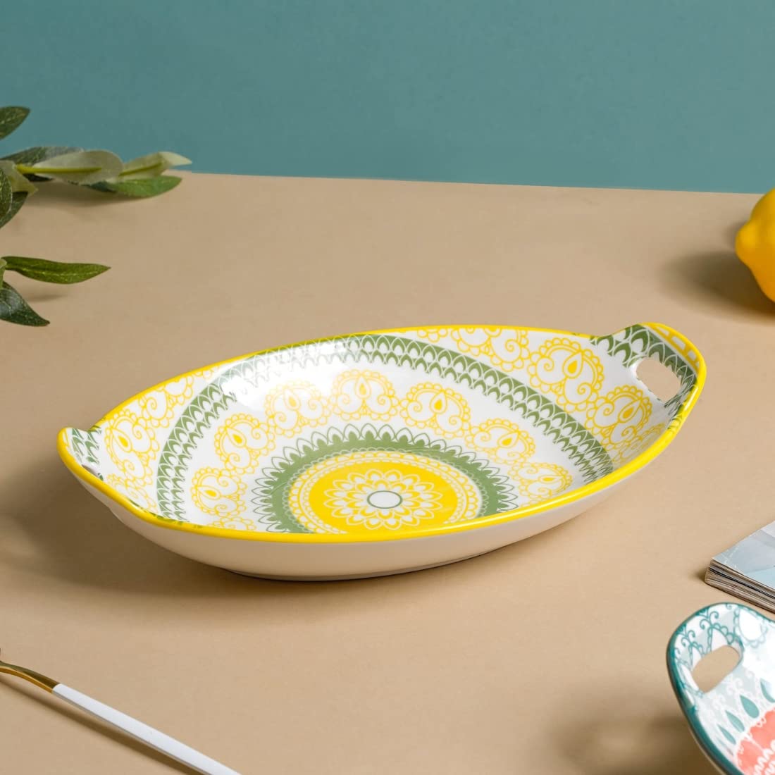 Nestasia Ceramic Serving Platter with Handles | Yellow Mandala Print Microwave & Dishwasher Safe Serveware | Ideal for Serving Snacks, Appetizers, Salads, Starters & Noodles (10.8 Inch)