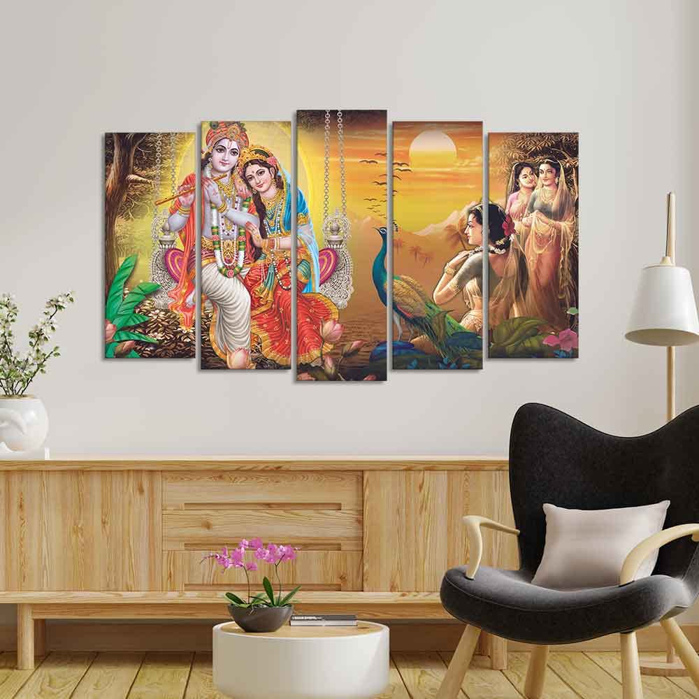VIBECRAFTS Beautiful Radha Krishna Premium Wall Painting Set of Five Pieces For Home|Office|Living Room|Gift (PTVC5Pcs2_6604)