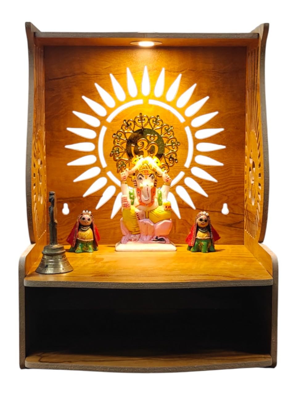 PIXELCRAFTS Wooden Temple Puja Mandir Art and Crafts Temple for Home, Shop, Office with LED SPOT Light (Size – H 15.5X L 11.5 x W 11 inch) (COACHWOODUNIQUE)