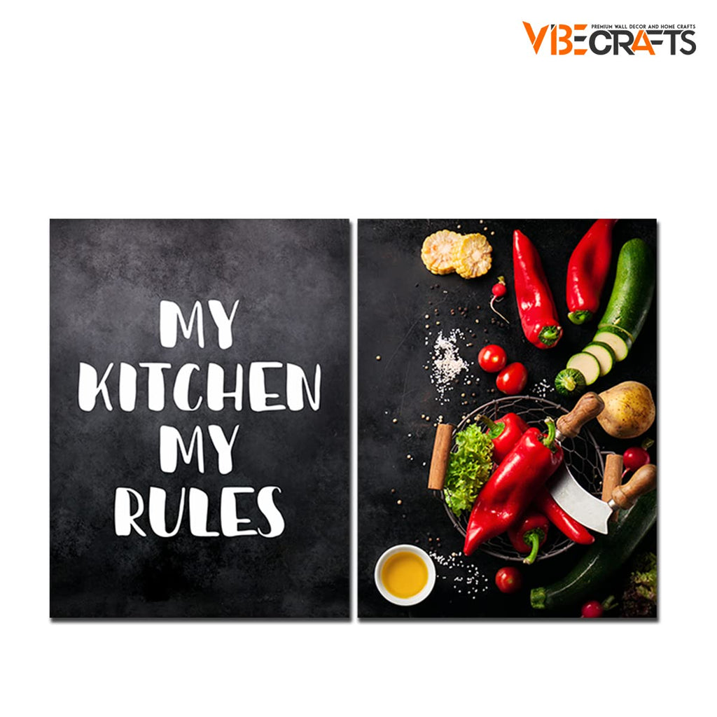 VIBECRAFTS 2 Pieces Kitchen's Quotes With Vegetable Canvas Wall Painting Fitted With Wooden Frame For Home | Office | Living Room | Gifts(PTVC2Pcs1_17511)
