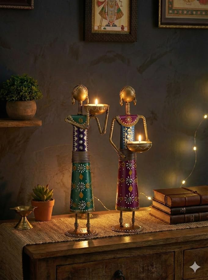 ZXC Rajasthani Lady Metal Tea Light Candle Holder Set of 2 | Handmade Traditional Indian Woman Figurine Diya Stand | Ethnic Iron Home Decor Showpiece for & Festive Decoration for Best Gifting