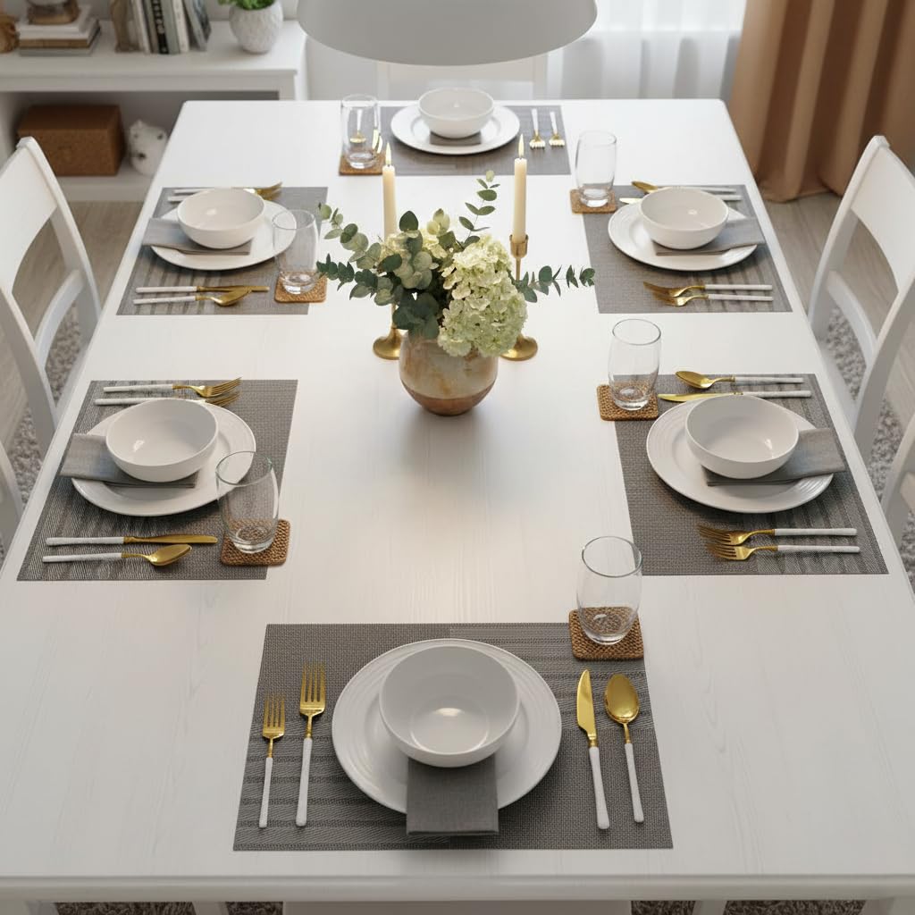YELONA Placemats Set of 6, Heat-Resistant Woven Vinyl Table Mats, Non-Slip & Washable Dining Tablemats for Kitchen & Dinner Decor, Zinc Grey (45cm x 30cm) Kafalo