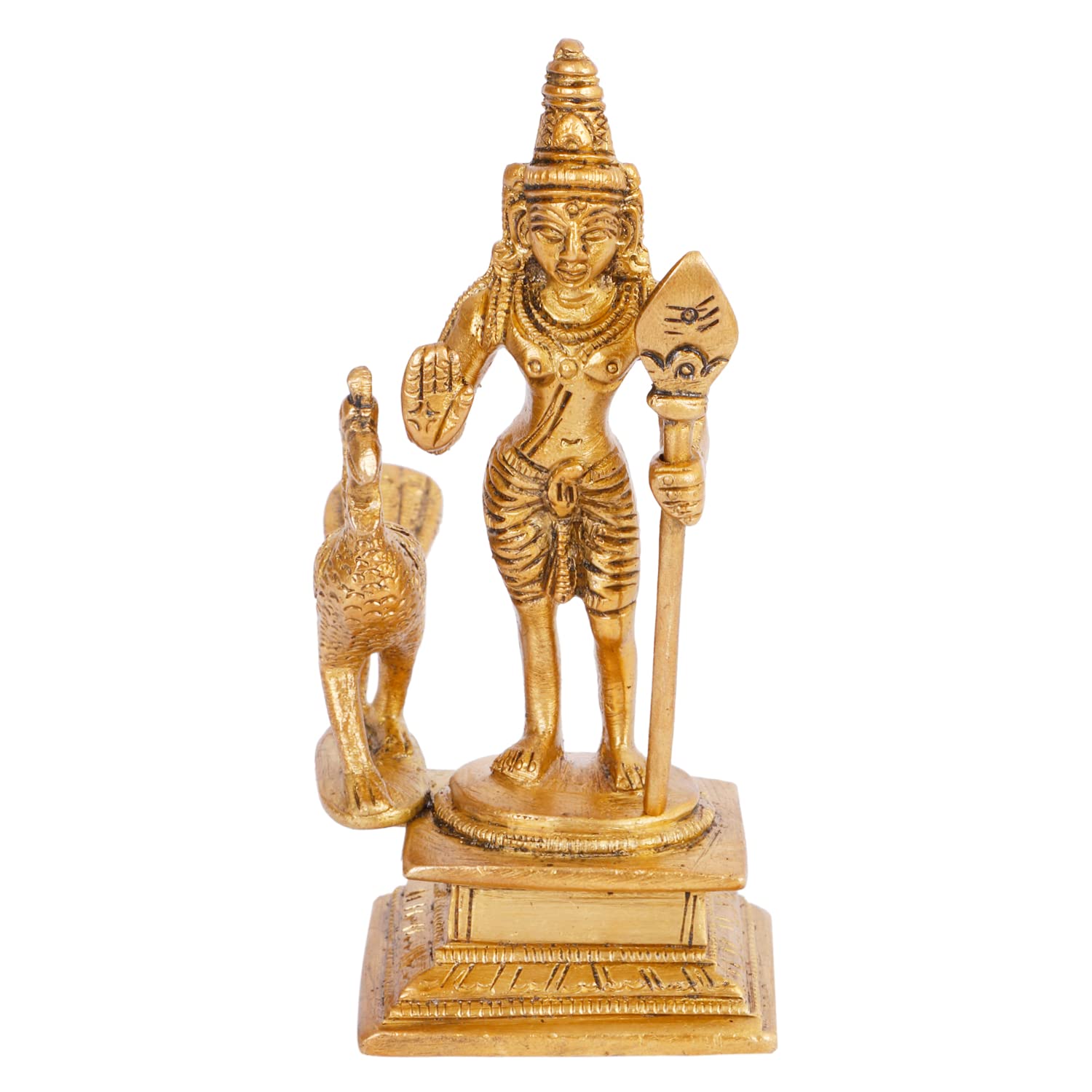 ARTVARKO Brass Lord Murugan Kartikeya Murugana Kumaraswamy Karthikeya Standing with Peacock Idol Swaminatha Skanda Murti Swami Ji Brass murti 4.5 Inch