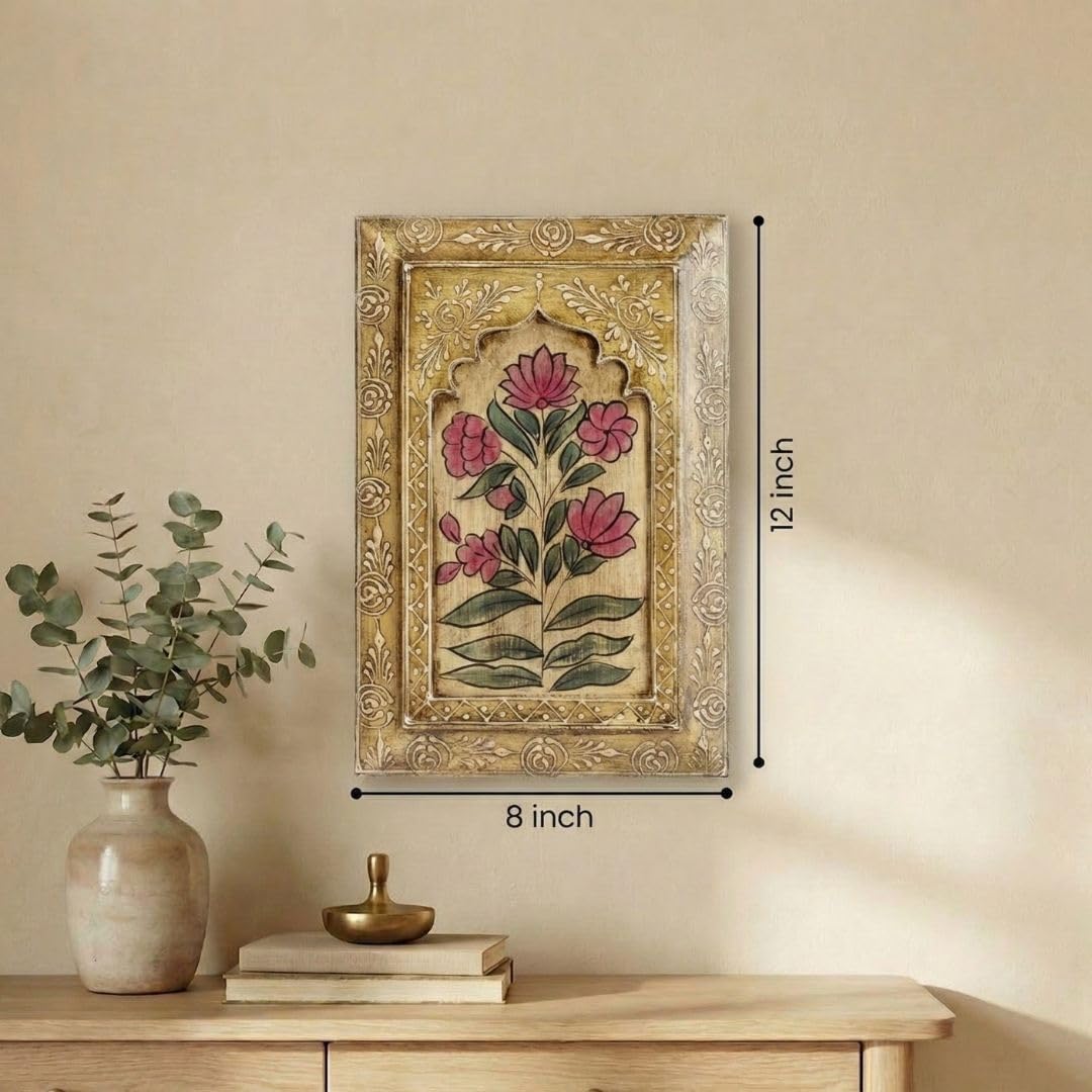 ATRANGI STUDIO Handpainted Wooden Wall Frame | Rajasthani Traditional Craft | Decorative Floral Wall Hanging Art for Living room, Bedroom, Office | 12×8 Inch, Yellow