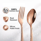 ANH MART Mirror Finish Rose Gold Plated Stainless Steel Flatware Set Copper Silverware Cutlery Set [Dinner Fork-Tea Spoon-Salad Spoon-Knife] Set of (LINEING, 32)