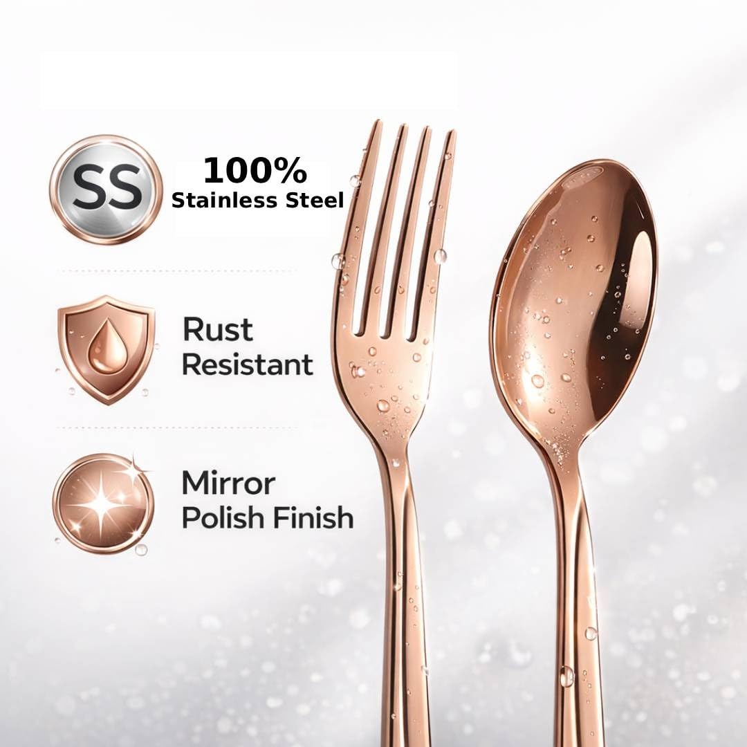 ANH MART Mirror Finish Rose Gold Plated Stainless Steel Flatware Set Copper Silverware Cutlery Set [Dinner Fork-Tea Spoon-Salad Spoon-Knife] Set of (LINEING, 32)