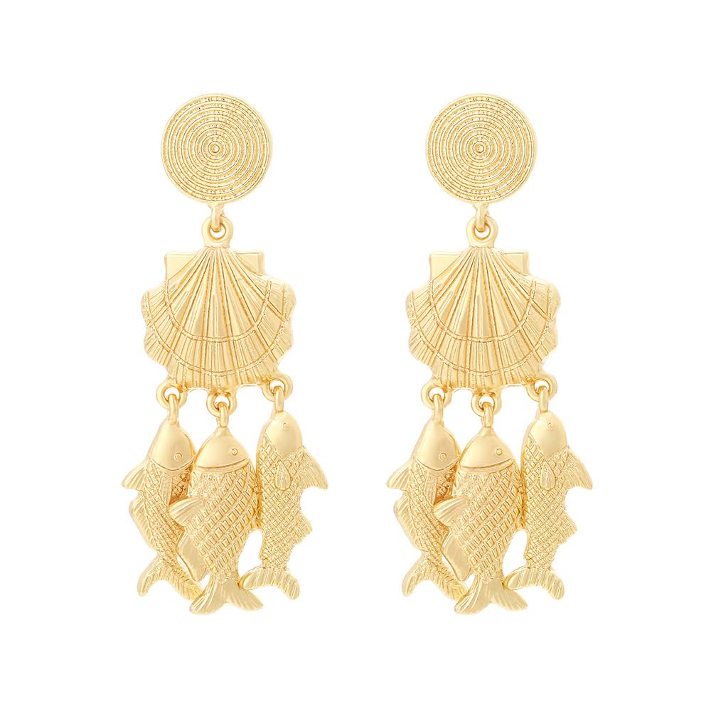 FTK® Conch Shell & Fish Pendant Earrings – Ocean-Inspired Metal Jewelry