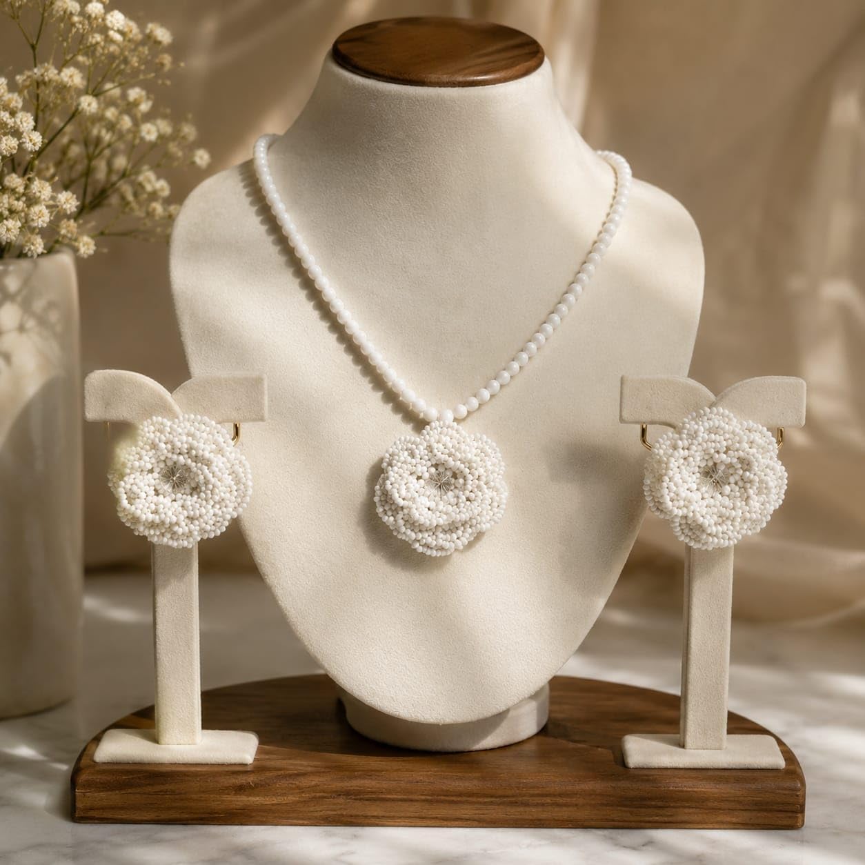 KRITAARTH White Beaded Floral Jewelry Set for Women | Handmade Flower Necklace with Matching Stud Earrings | Elegant Pearl Bead Choker Set | Party , Wedding, Bridal, Festive & Traditional Jewellery Gift