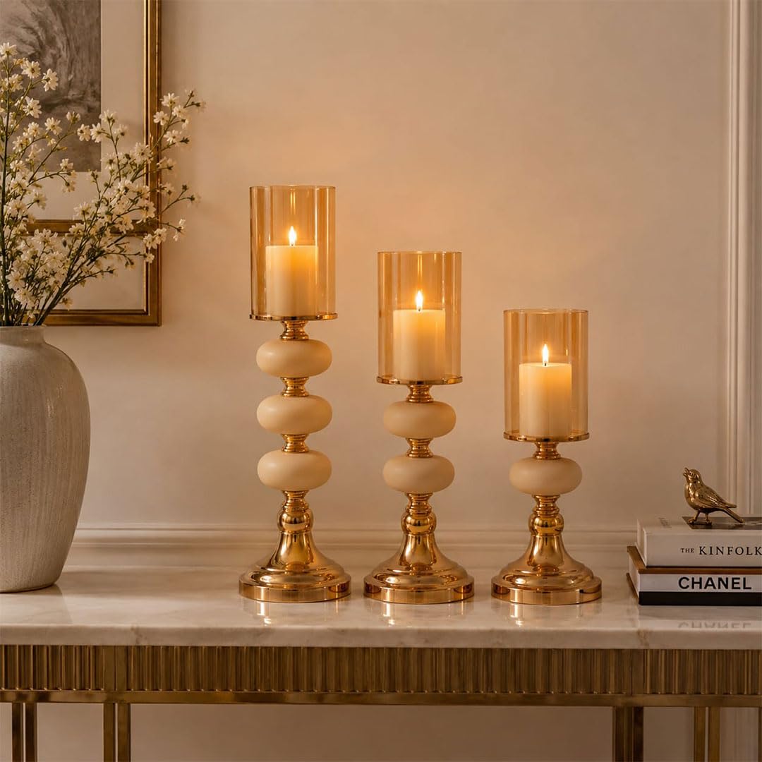 Hurricane Pillar Candle Holder Set of 3, Gold Metal Base with Marble Stone Accents, Amber Glass Cover, 24cm/41cm/48cm (Candles are not Included)