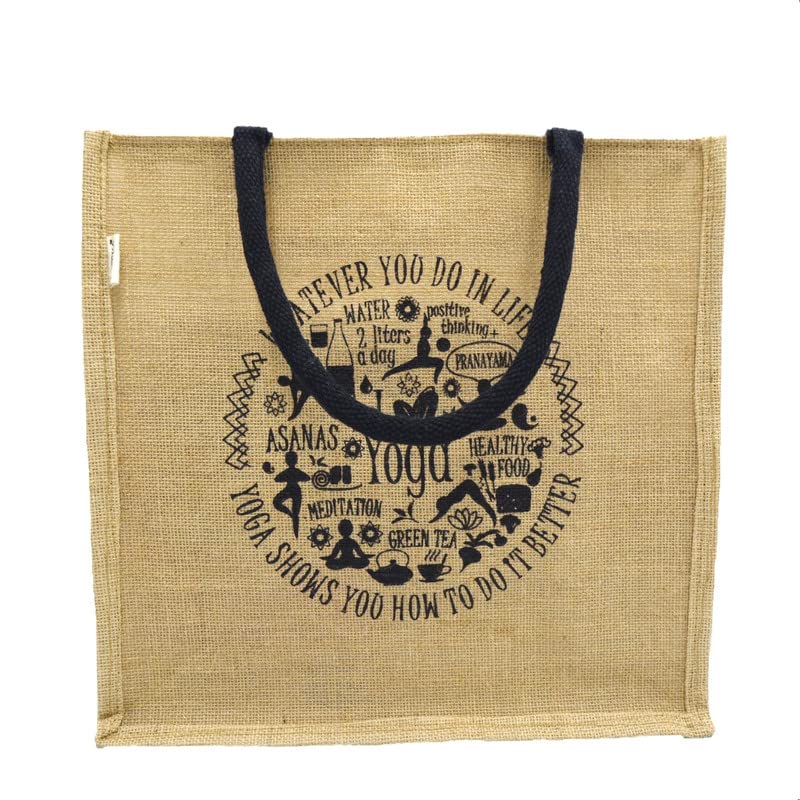 JUTEKA Yoga Print Eco Friendly Jute Bag for Shopping, Lunch, Tiffin, Office, Grocery with Zip Closure and Padded Cotton Handles…