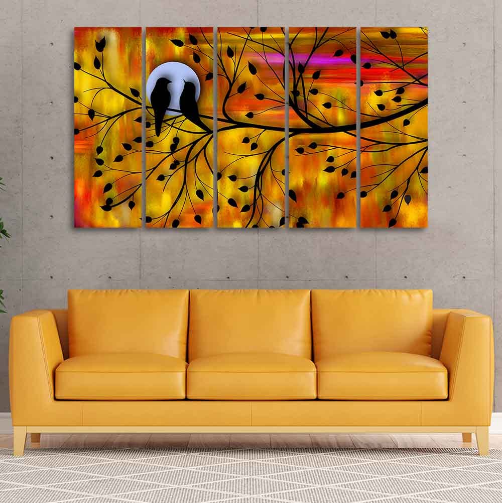 VIBECRAFTS Beautiful Bird Couple on Tree Wall Painting of Five Pieces For Home|Office|Living Room|Gift (PTVC5Pcs4_8713)