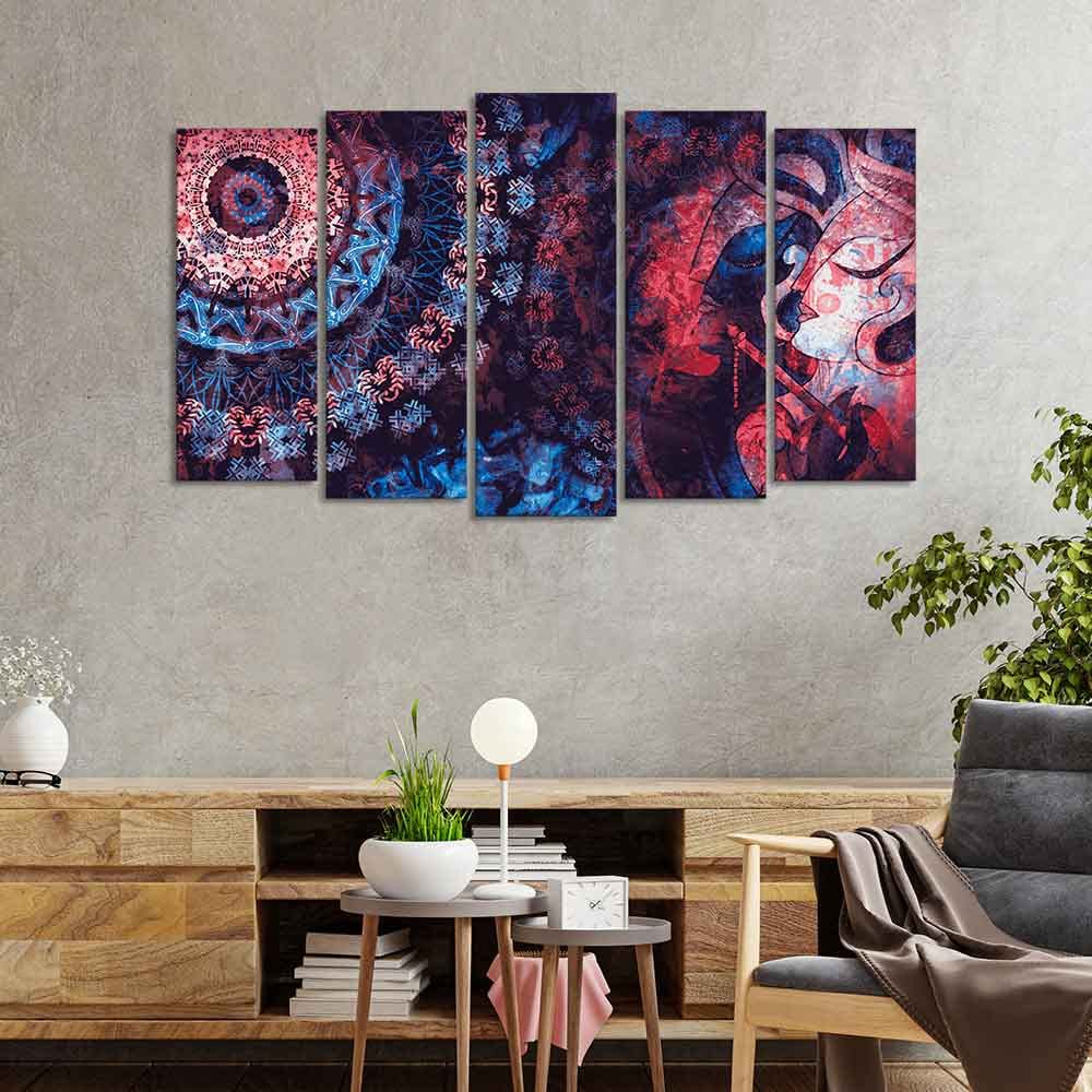 VIBECRAFTS Shree Radha Krishna Ancient Indian Vedic Big Wall Painting of Five Pieces For Home|Office|Living Room|Gift (PTVC5Pcs2_6613)