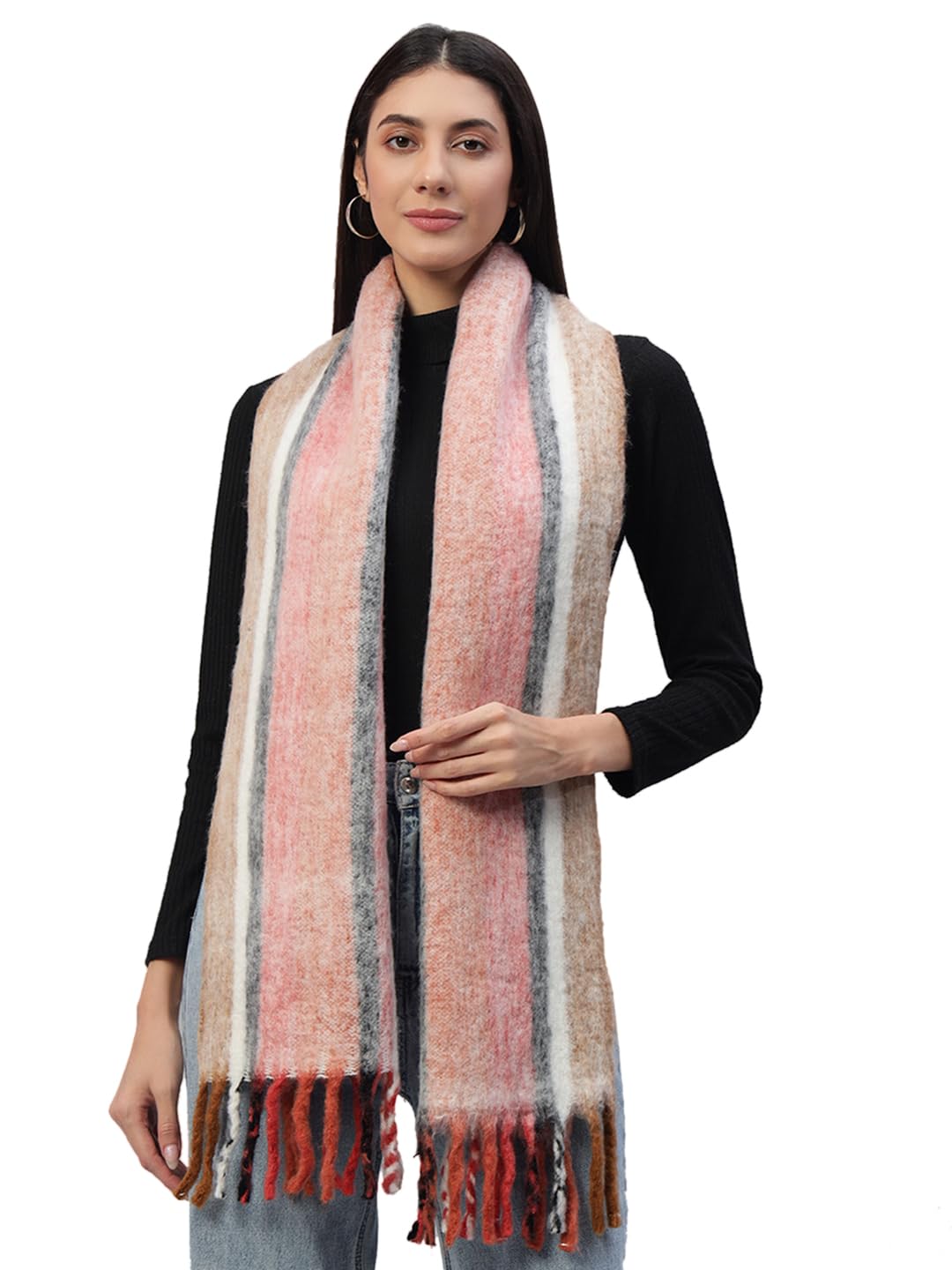 Ravaiyaa - Attitude is everything Reversible Wool Scarves Striped Pattern Women Neck Wraps Muffler Winter Wool Scarf 72 x14 Inch (Red & White)