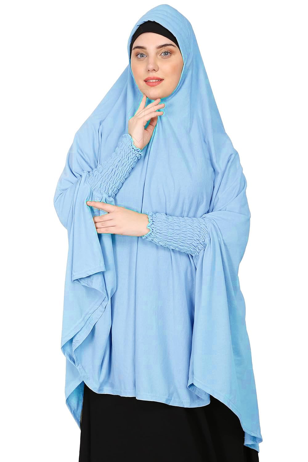 ICW Women Stretchable Jersey Smoking Sleeve Jilbab Cum Prayer khimar Hijab (Free Size) (Pastle Blue)