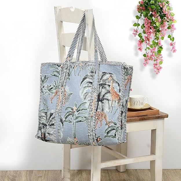 Yda fashion Handmade Quilted Cotton Tote Bag – Large Travel Shoulder Bag with Pockets, Lightweight & Durable – Stylish Printed Handbag for Daily uses (Pack of 2) (Multicolor6)
