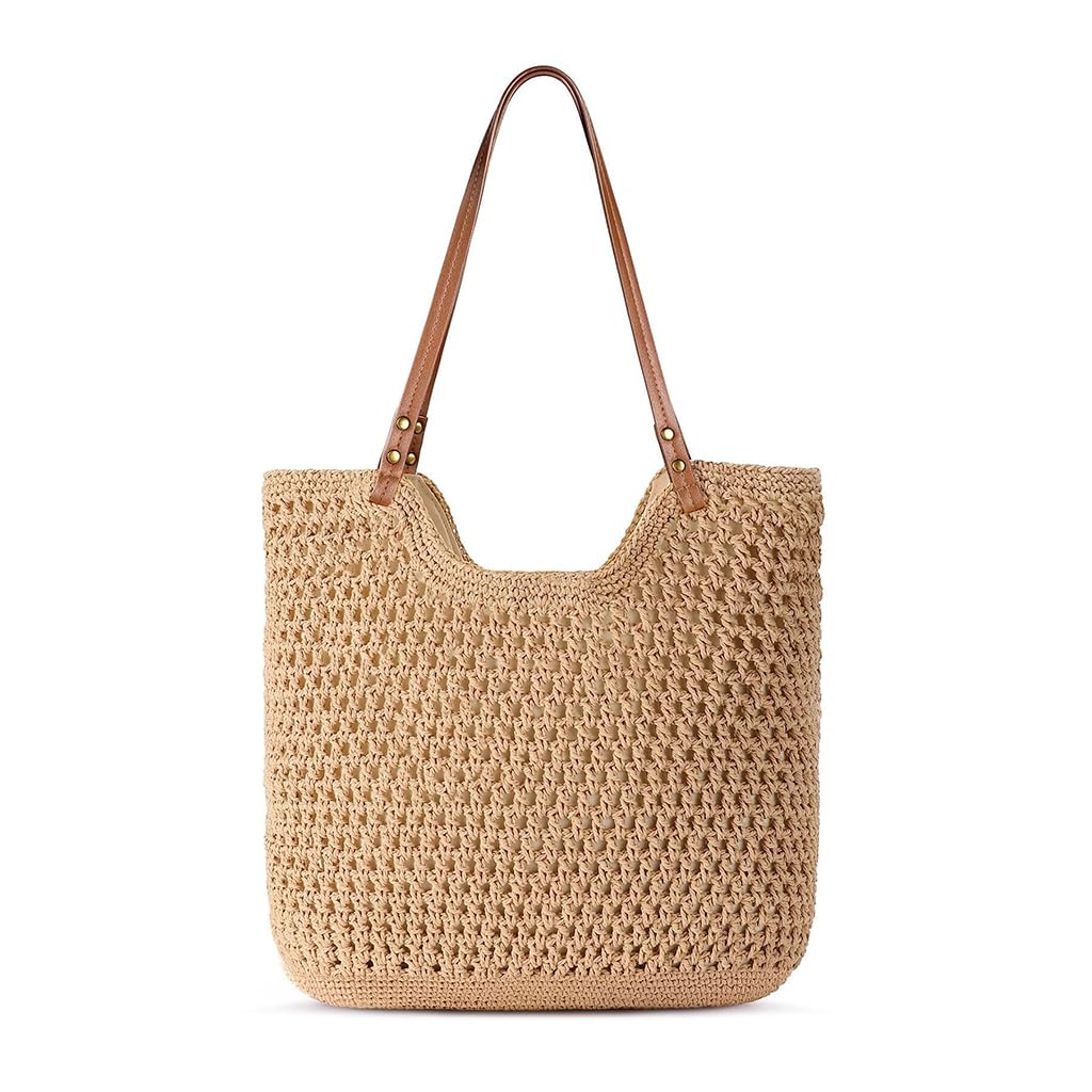 PALAY Tote Bag for Woman Crochet Beach Shoulder Bags with Leather Strap