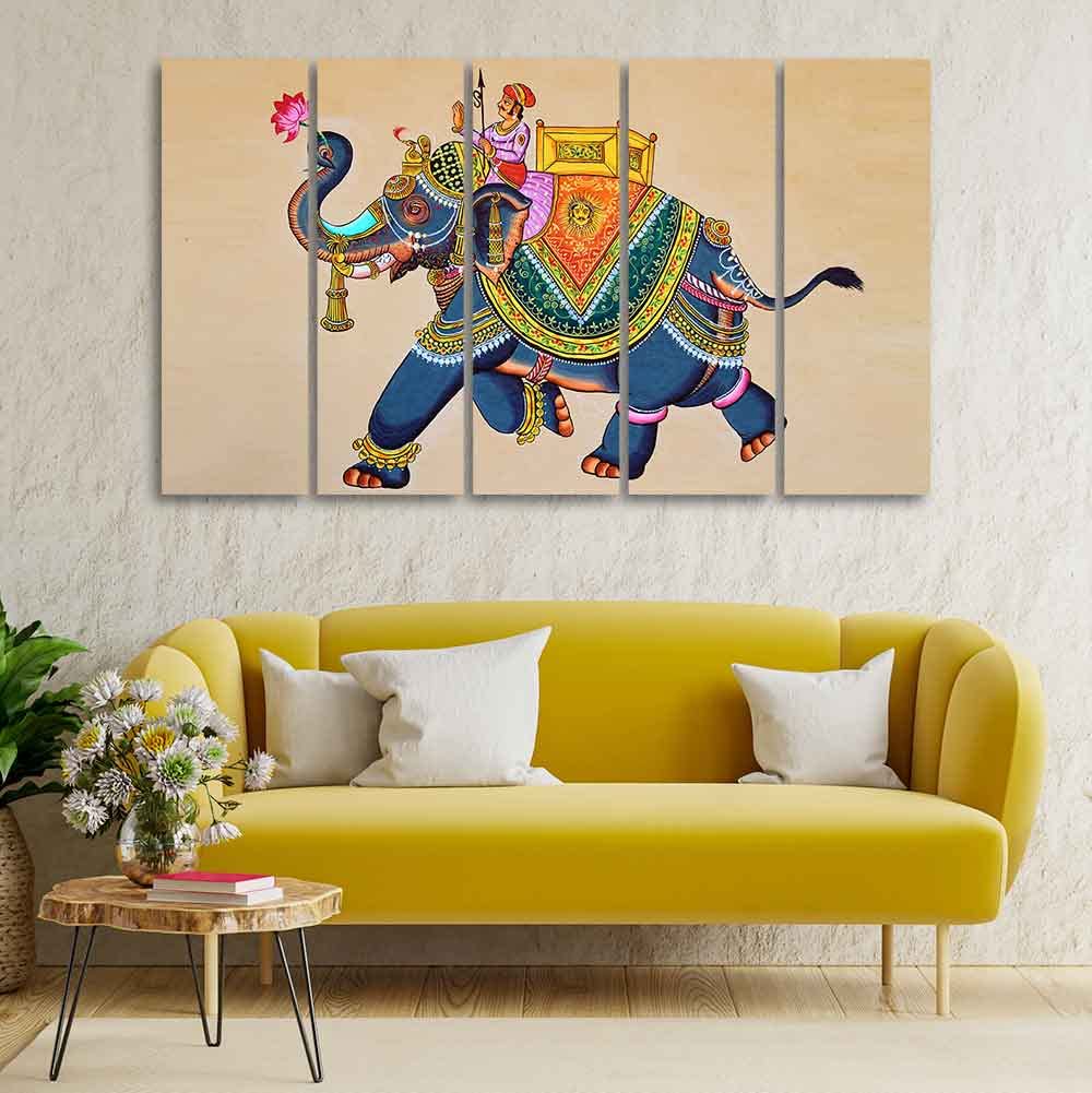 VIBECRAFTS Madhubani Art Elephant Premium Canvas Wall Painting Set of Five For Home|Office|Living Room|Gift (PTVC5Pcs4_8621)