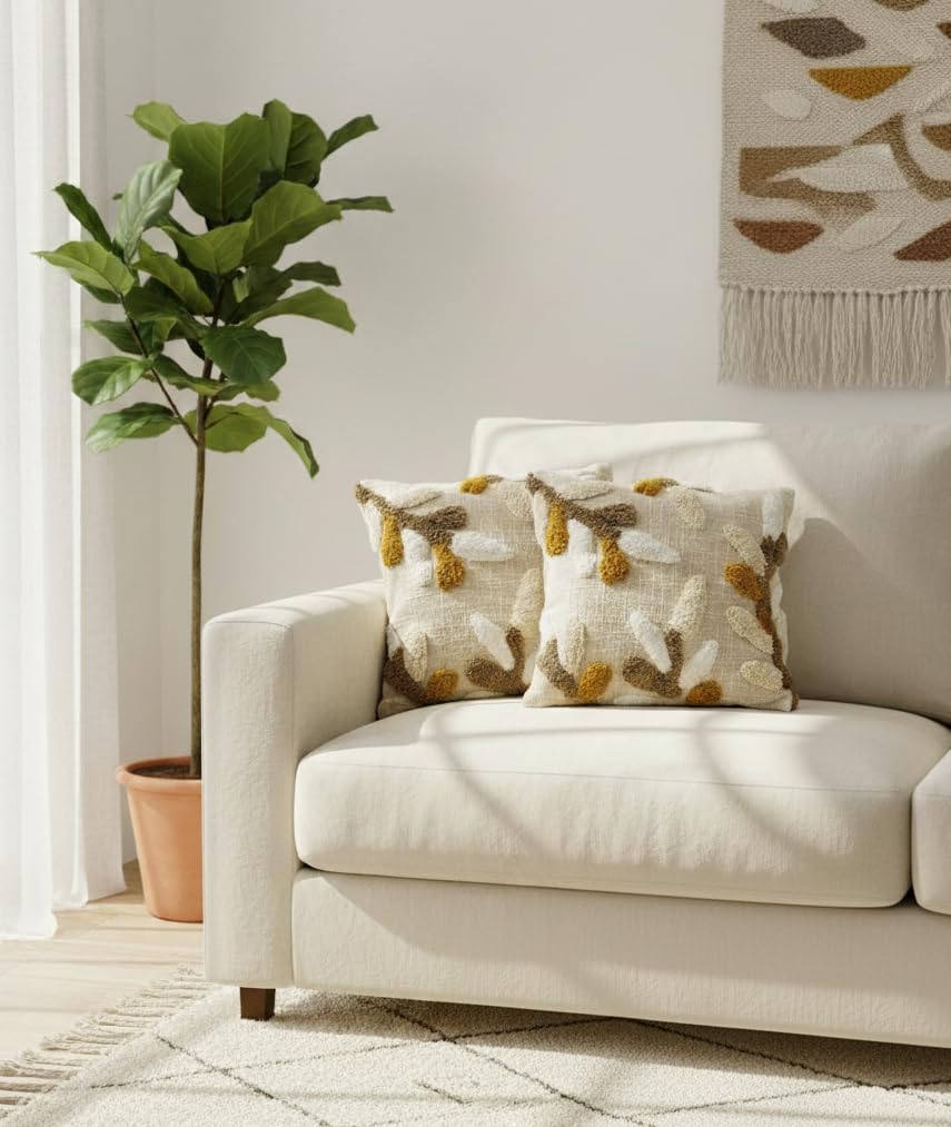 Furnistitchs Premium Decorative Throw Cushion Pillow Cover Boho Home Decor - Living Room Bedroom Couch Sofa Cushion Covers 16 inch x 16 inch (2, Cream Leaves)
