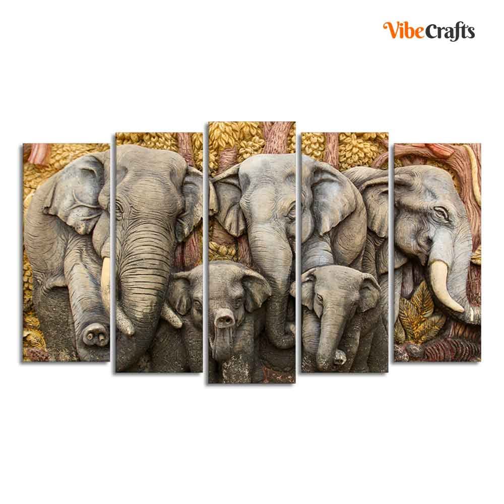 VIBECRAFTS Beautiful Elephants Premium Wall Painting Set of Five Pieces For Home|Office|Living Room|Gift (PTVC5Pcs2_6519)