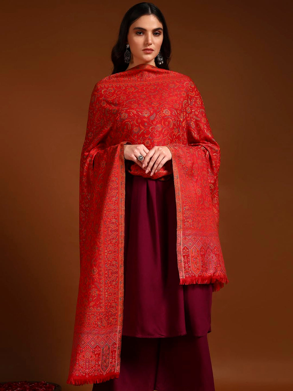 Pashmoda Women Aabroo Kashmiri Jamawar Woven Shawl, Kaani Jacquard Shawls, Stoles, Wraps, Luxury Pashmina Evening Wrap (Size: 40X80 Inches, Red Color) SECS58