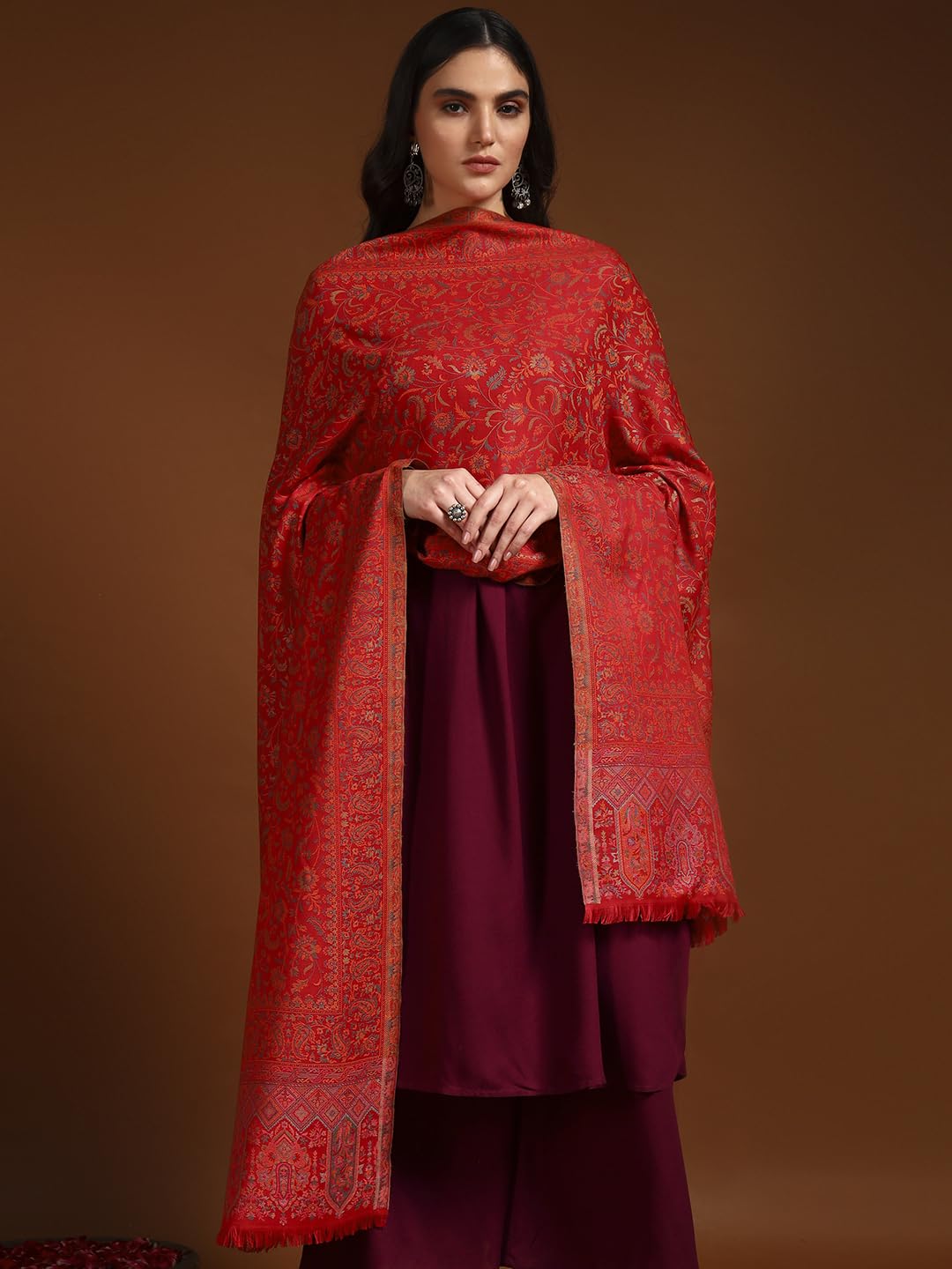 Pashmoda Women Aabroo Kashmiri Jamawar Woven Shawl, Kaani Jacquard Shawls, Stoles, Wraps, Luxury Pashmina Evening Wrap (Size: 40X80 Inches, Red Color) SECS58