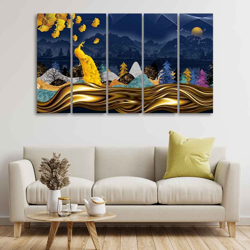 VIBECRAFTS Golden Peacock in Forest Premium Wall Painting Set of Five For Home|Office|Living Room|Gift (PTVC5Pcs4_8584)