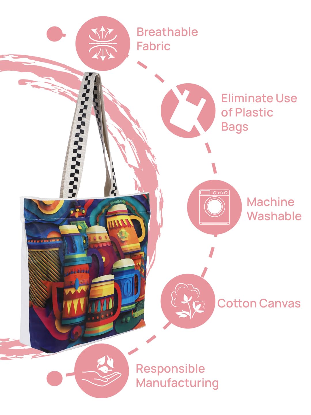 WOTM On The Move Tote | Premium Printed Cotton Canvas Tote Bag with Zipper & Inside Pocket, Stylish Everyday Travel Bag for Work, College, Office, Travel, Shopping (Amsterdam Mug)