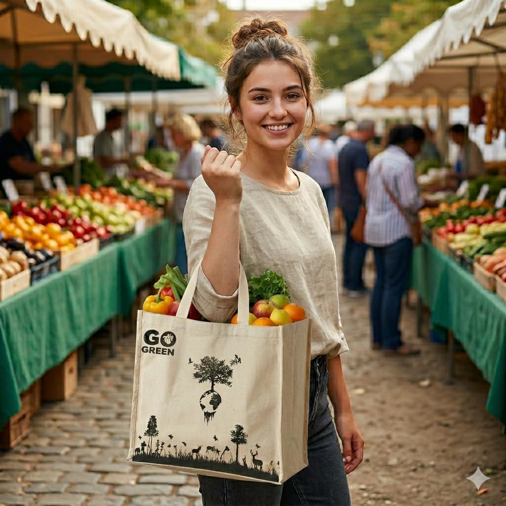 Cotton Canvas Shopping Bag with Pockets for Vegetables and Grocery (LxHxW :15 x15 x 7 Inch, Medium Size)