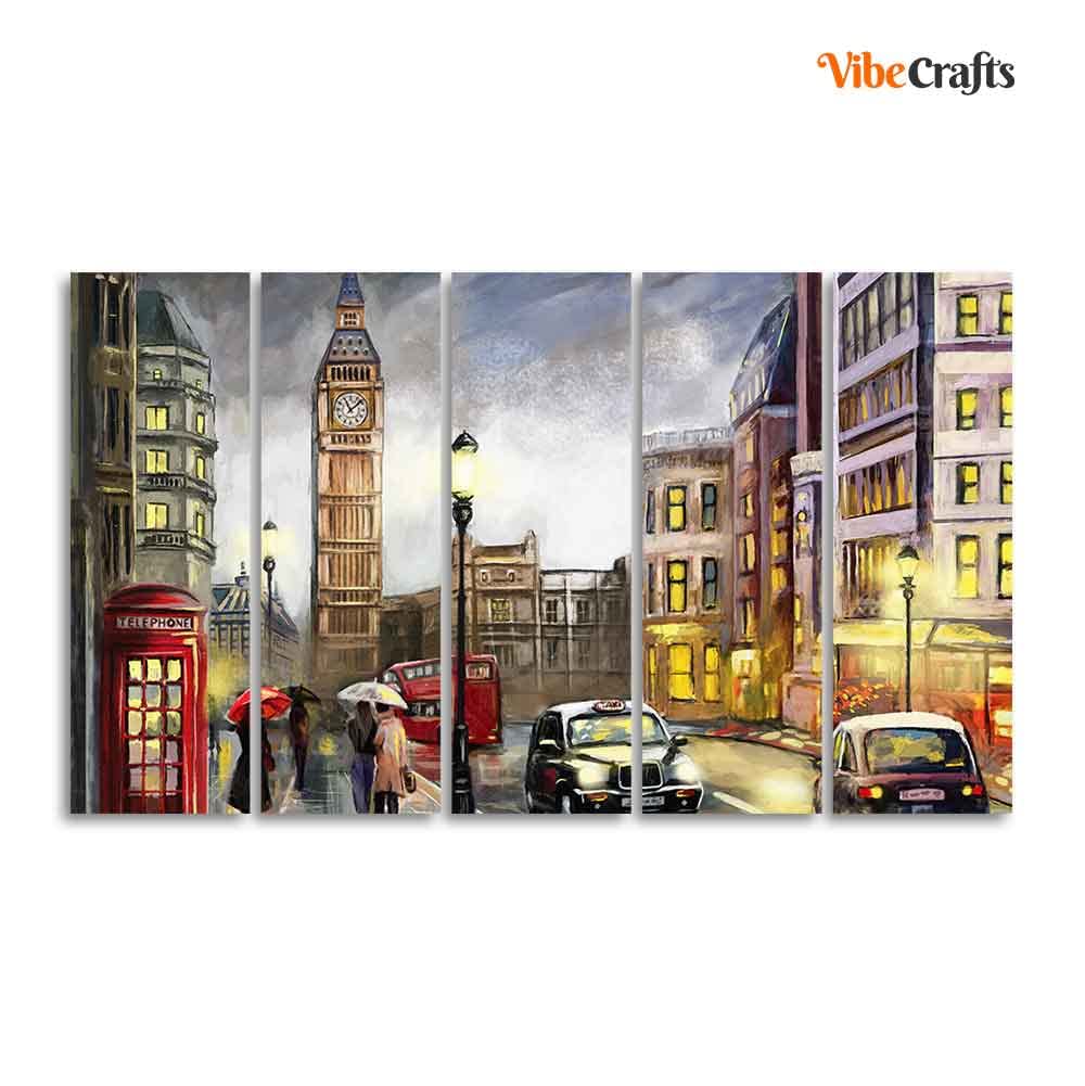 VIBECRAFTS Street View Of London 5 Pieces Canvas Wall Painting For Home | Office | Living Room | Gift (PTVC5Pcs4_8543)