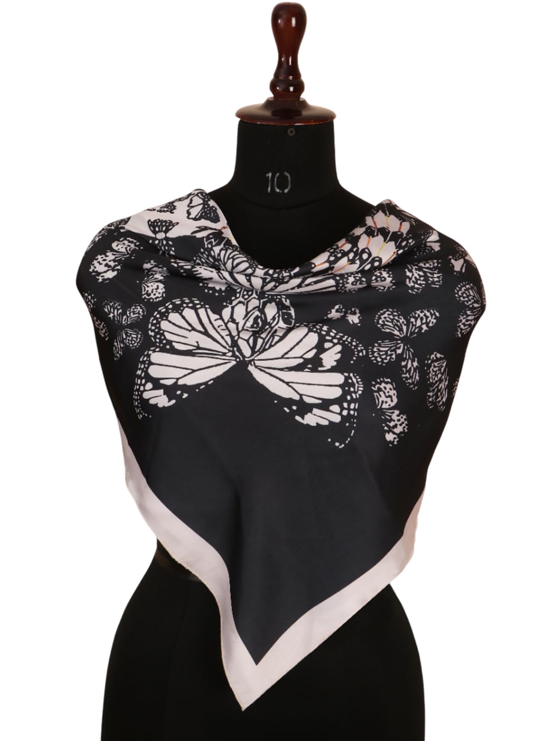 leeza store Women's Silk Scarf For Women 40X40 | Soft Beige & Jet Black | Digital Printed Butterfly Motif | Stylish Head Scarf, Neck Wrap, Stole