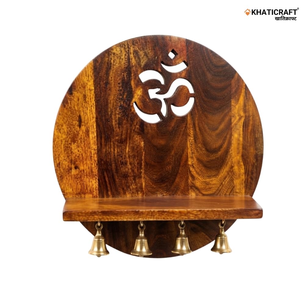 KHATICRAFT Nava 100% Solid Sheesham Wood Wall Mounted Temple for Home | Wooden Pooja Mandir with Om Design, 4 Brass Bells & Prayer Shelf | Honey Finish