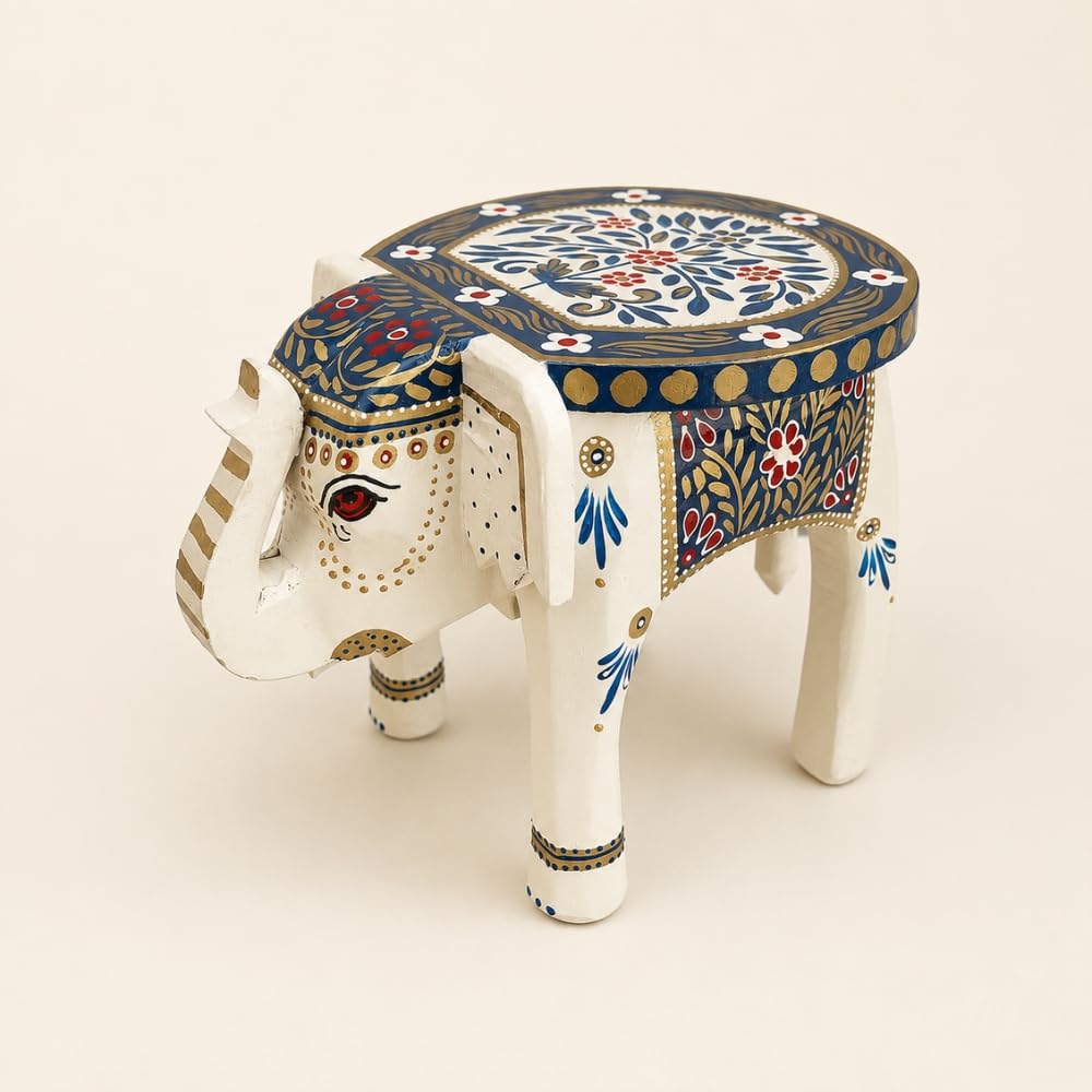 ATRANGI STUDIO White Colourful Handpainted Wooden Elephant Stool Cum Showpiece | Mango Wood Traditional Multipurpose Stool for Living Room Decor & Mandir | Perfect for Plant Stand | 8x8x10 inch