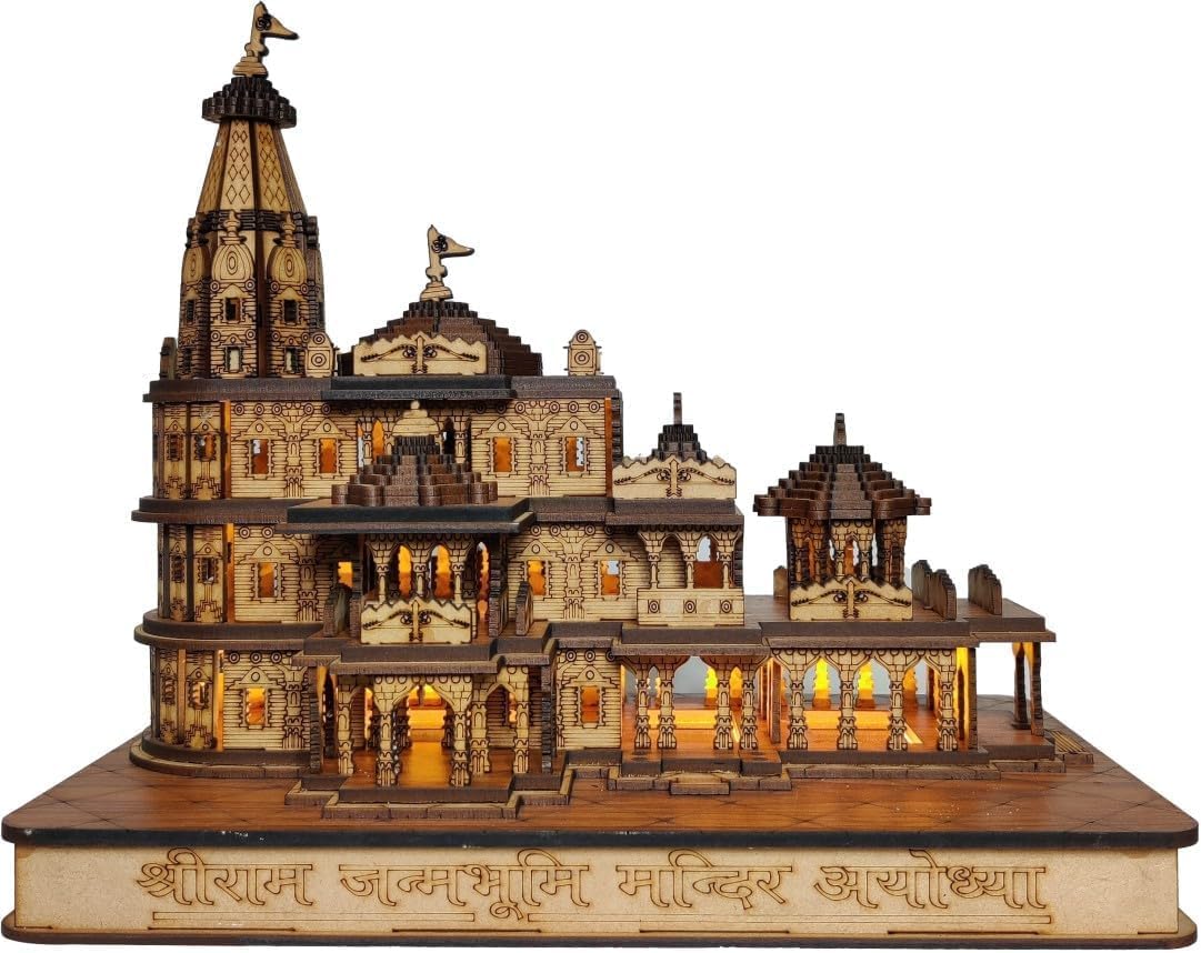 Rcelebrare LED Light Hand Carved Temple with Multicolor Lights Shri Ram Mandir Ayodhya 3D Decorative Showpiece Wood Temple for Gift Replica Wooden Ram Janmbhoomi for Home Decoration (Big 6 -inch)