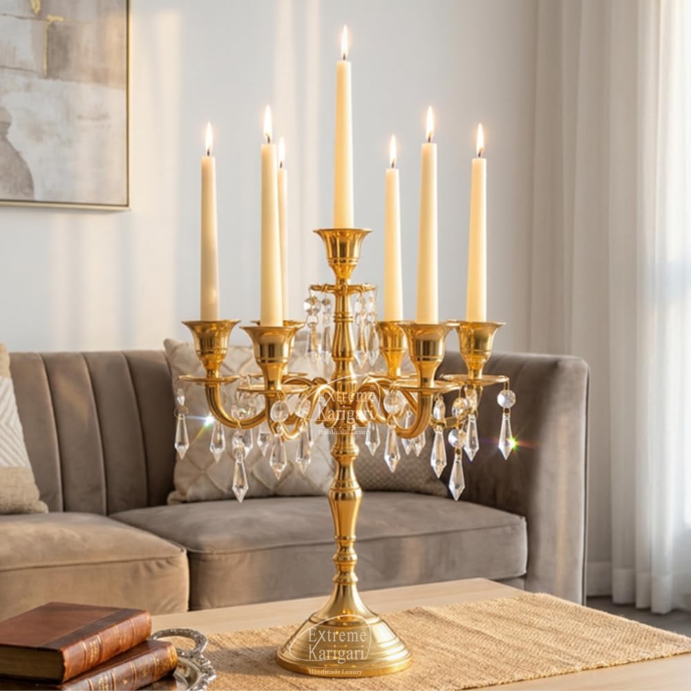Extreme Karigari Vintage 7 Arm 12inch Candle Holder Stand with Crysal Hanging for Home and Dining Table Decor, Wedding Centerpiece