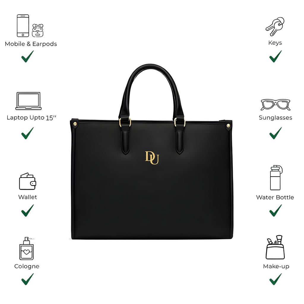 DOLLEDUP Womens Executive Large Sized Tote Bag With Adjustable & Detachable Sling Strap and Top Handles| Fits Upto 14'' Laptop | Tote Bags for Women for Office use, Work| Black
