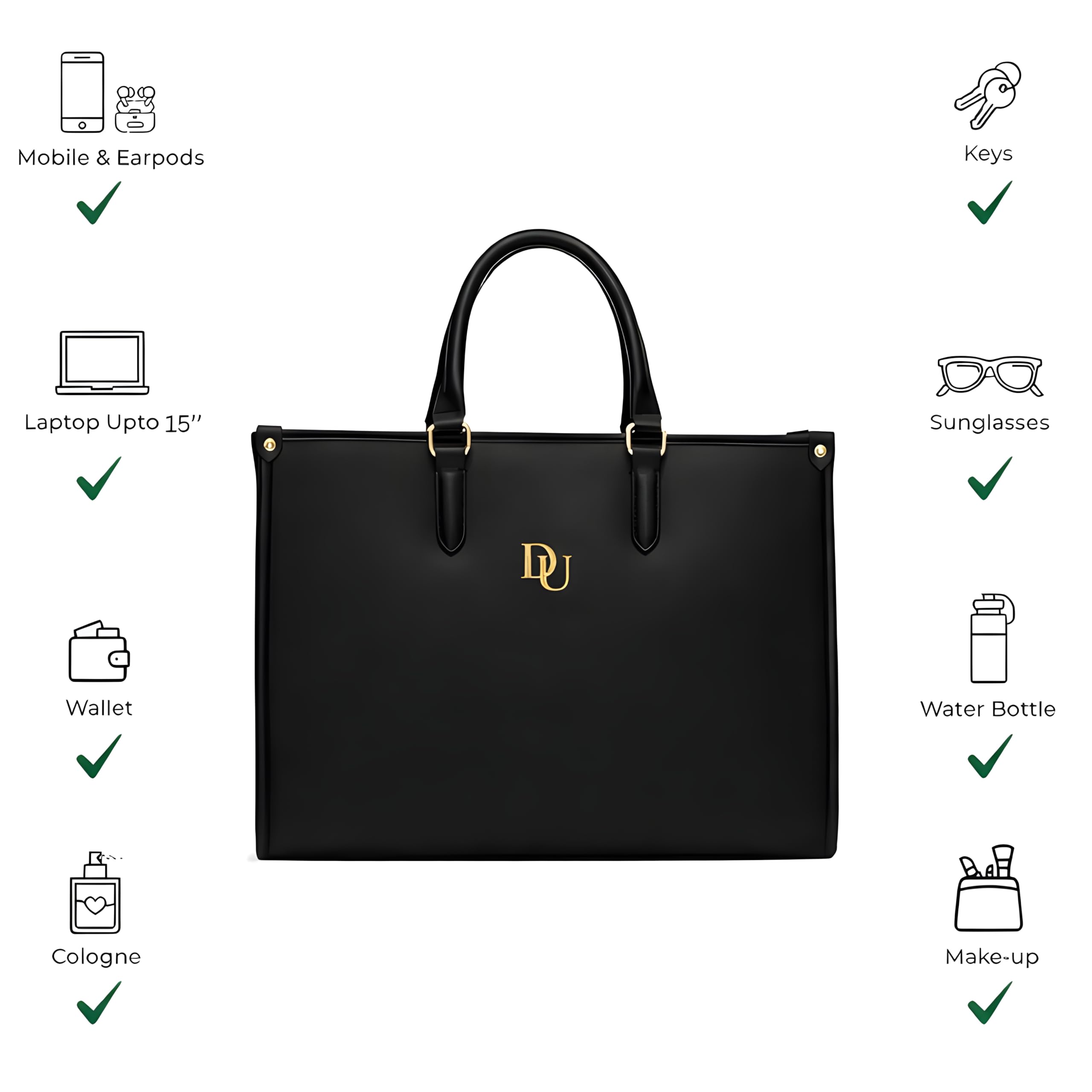 DOLLEDUP Womens Executive Large Sized Tote Bag With Adjustable & Detachable Sling Strap and Top Handles| Fits Upto 14'' Laptop | Tote Bags for Women for Office use, Work| Black