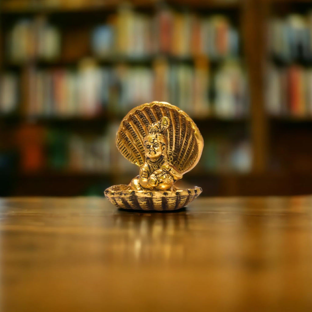 KridayKraft Shri Krishna Sitting Under Seep Laddu Gopal with seep Base Metal Statue Showpiece Figurines,Religious Idol Gift Article.