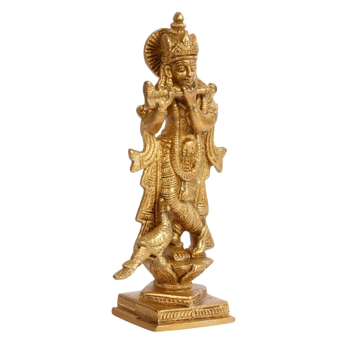SVARUP Brass Krishna Idol Playing Flute in Gold Color for Small Mandir Height 6 Inch