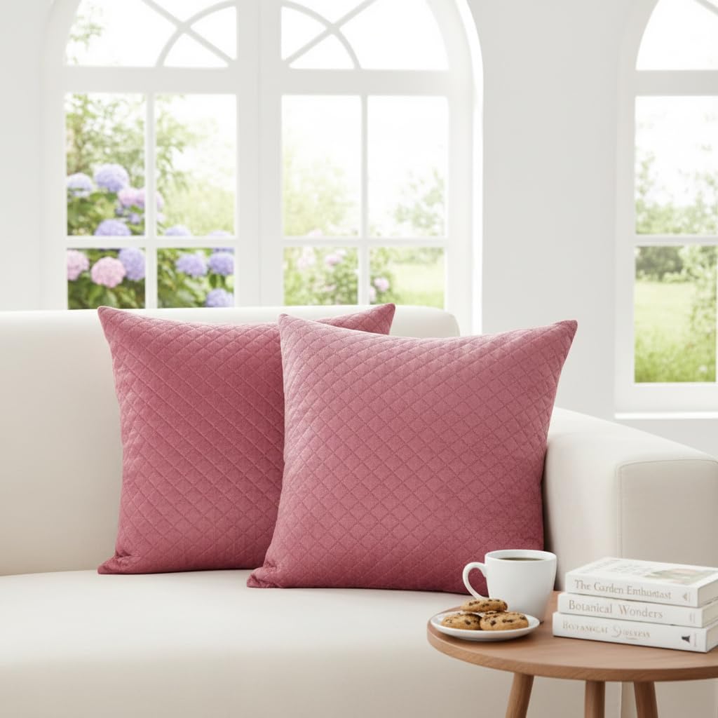 STITCHNEST Quilted Velvet Cushion Covers Set of 2 | Soft Peach | 12x12 Inches | Premium Sofa & Living Room Décor