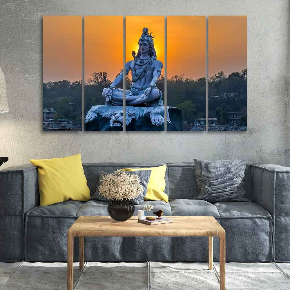 VIBECRAFTS Shiva Statue Canvas Wall Painting of Five Pieces For Home|Office|Living Room|Gift (PTVC5Pcs4_8669)