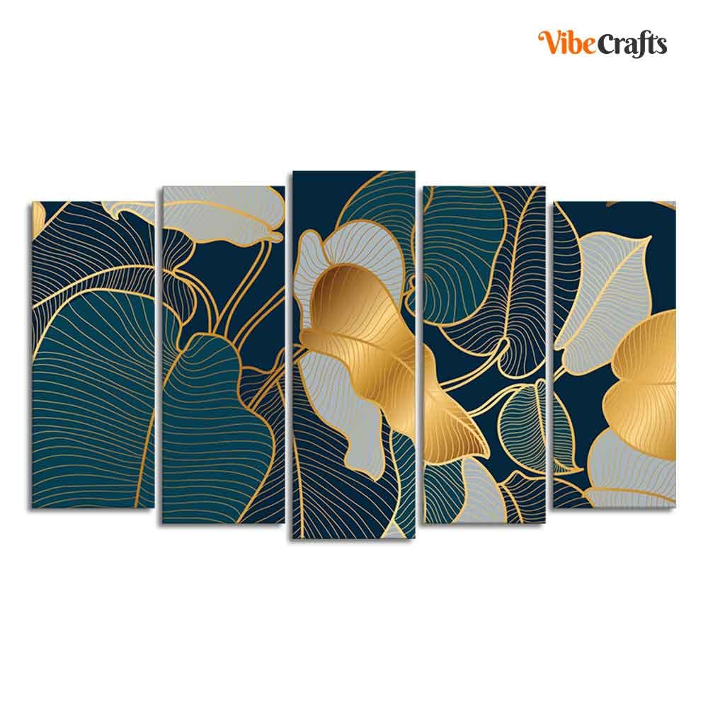VIBECRAFTS Luxury Golden Art Monstera Leaves Five Pieces Canvas wall Painting For Home|Office|Living Room|Gift (PTVC5Pcs2_6592)