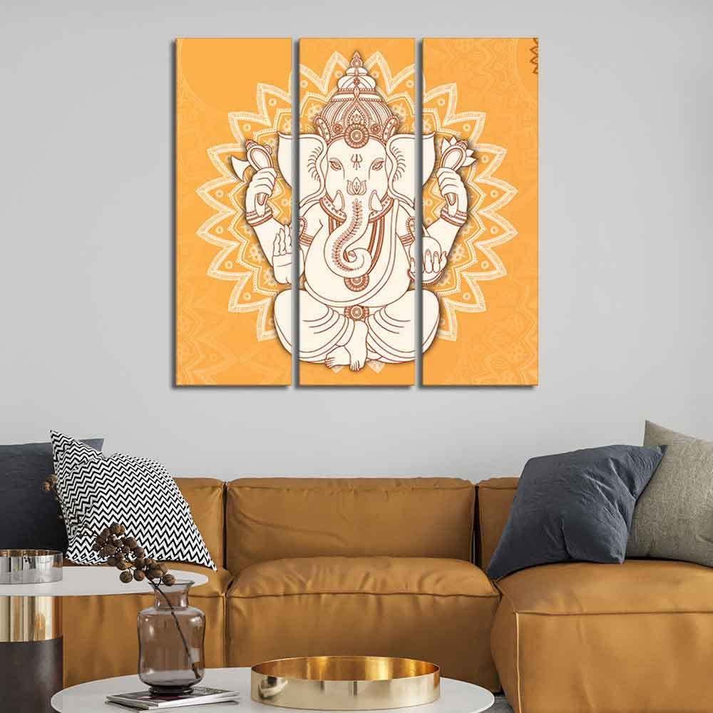 VIBECRAFTS 3 Pieces Shree Ganesh Ji Canvas Wall Painting Fitted With Wooden Frame For Home | Office | Living Room | Gifts (PTVC3Pcs1_9579)