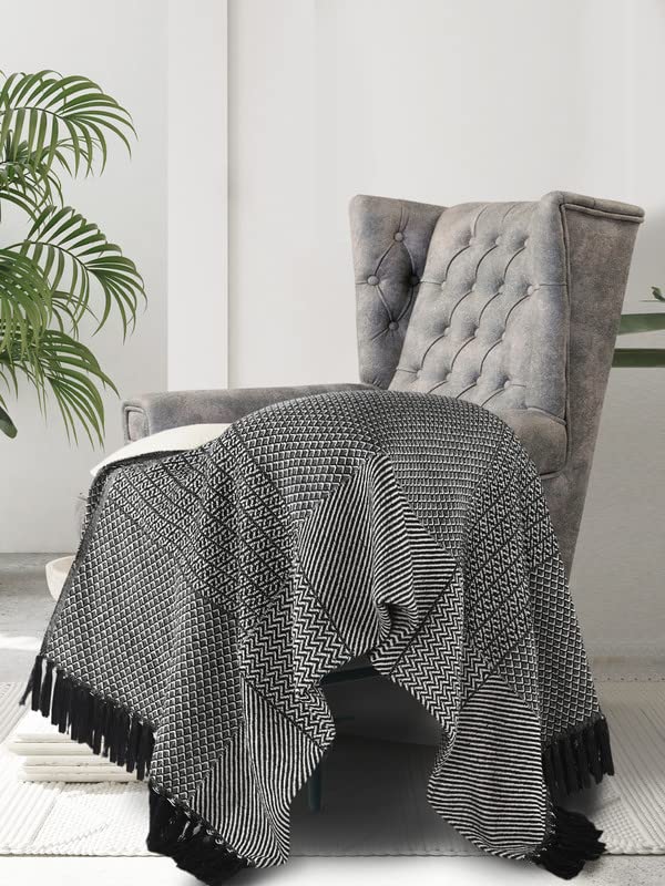 SASHAA WORLD Soft Cotton Throw Blanket | Throw for Living Room, Sofa, Bed, Chair, Picnic & Used for Gift | Black, 160x130 cm Kafalo