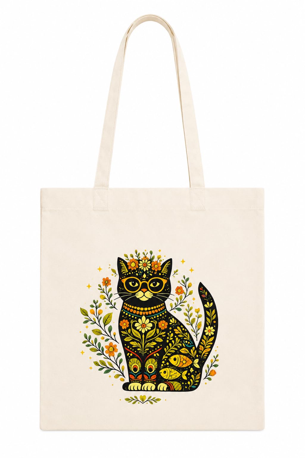 Kai Pai Co Cotton Tote Bag for Women, Indian Folk Art Prints, Casual Daily Use, Reusable Shoulder Bag,14 X 16 Inches - Madhubani, Kalamkari, Return Gifts (Persian Cat - Madhubani)