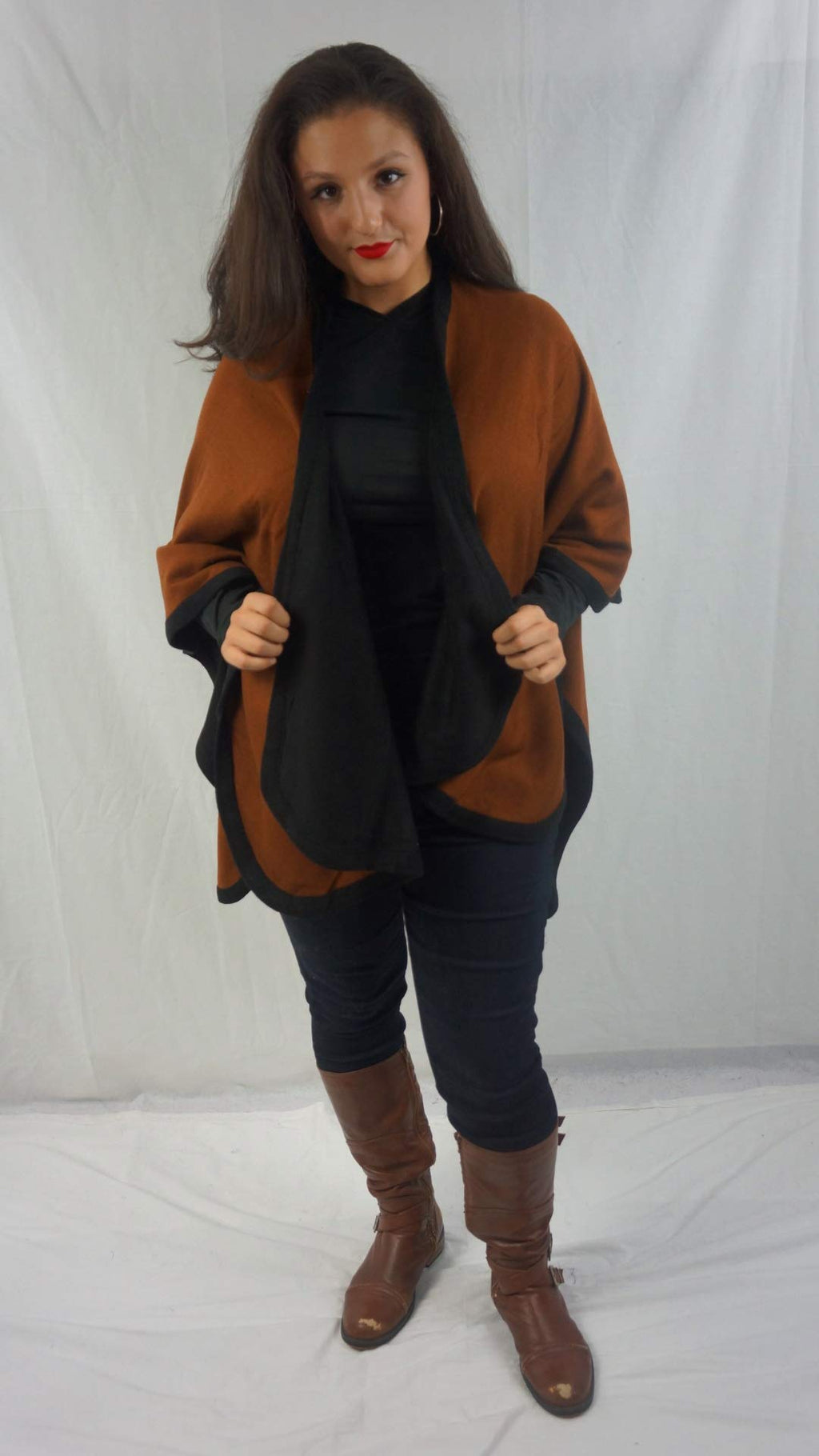 Cashmere Pashmina Group Women's Black and Chocolate Reversible Four Ply Wool Cape Coat, One Size
