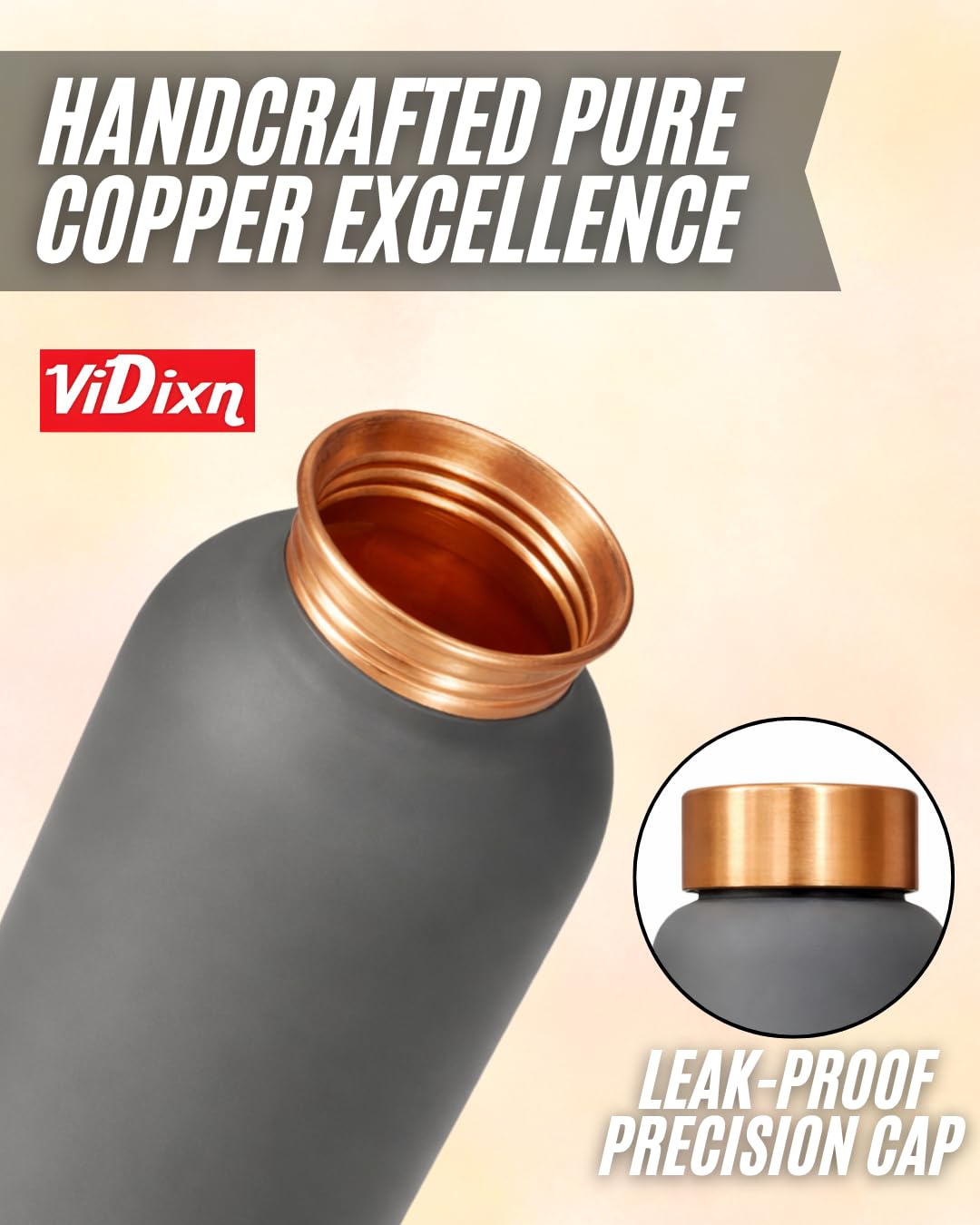 viDixn Pure Copper Water Bottle Ayurvedic Leak-Proof Copper Bottle for Drinking Water – Handcrafted Mandala Design – BPA-Free & Eco-Friendly – Improves Immunity & Digestion (SILK GREY) 950ml
