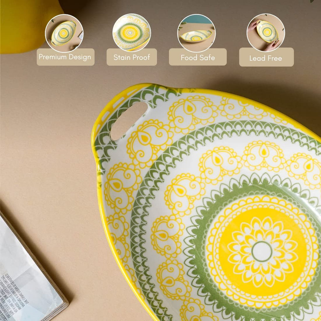 Nestasia Ceramic Serving Platter with Handles | Yellow Mandala Print Microwave & Dishwasher Safe Serveware | Ideal for Serving Snacks, Appetizers, Salads, Starters & Noodles (10.8 Inch)