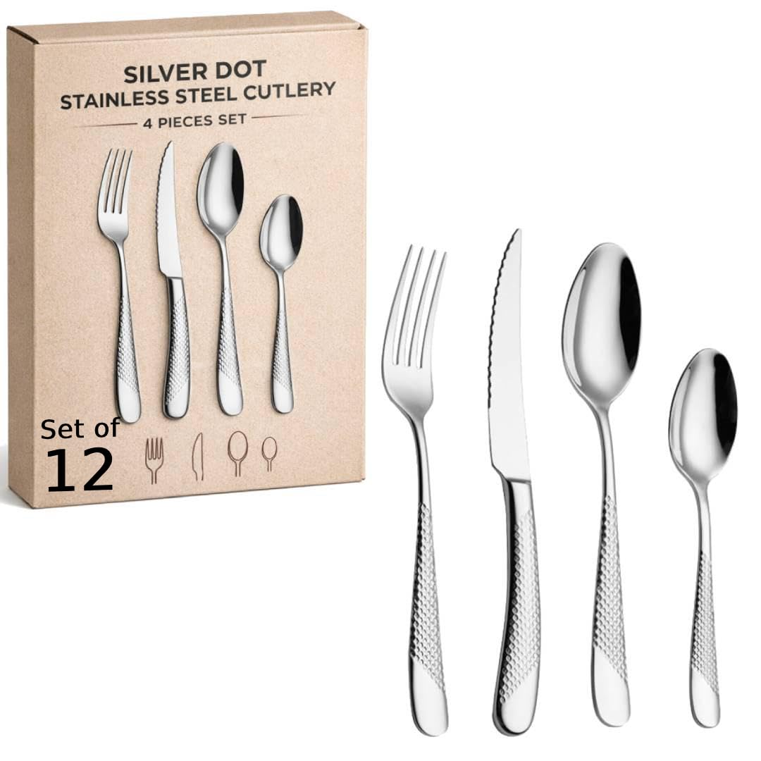 ANH MART Mirror Finish Silver Plated Stainless Steel Flatware Set Copper Silverware Set Rose Gold Spoon Color Cutlery Set [Dinner Fork-Tea Spoon-Salad Spoon-Knife] Set of (Silver DOT, 12)
