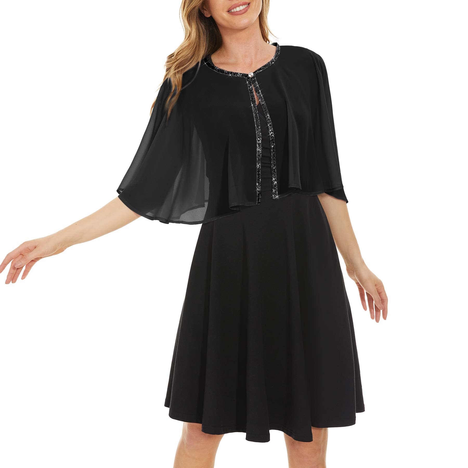 Soft Chiffon Sequins Shawls and Wraps/Cape for Evening Dress Wedding Formal Occasion, Black, One Size