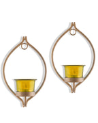 Homesake® Wall Candle Sconce Set of 2 with Glass Hurricane & Free Tealight Candles | Iron Wall Mounted Candle Holders for Living Room, Bedroom, Hallway, Home Decor | Eye Design, Yellow Gold & Black
